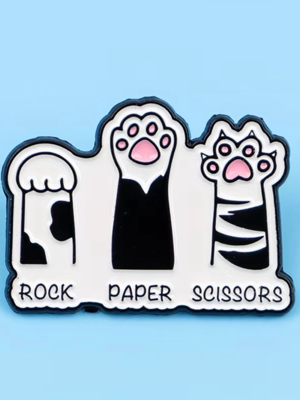 Rock Paper Scissors Cat Paw Enamel Pin - Black, White & Pink - Picture 2 of 3